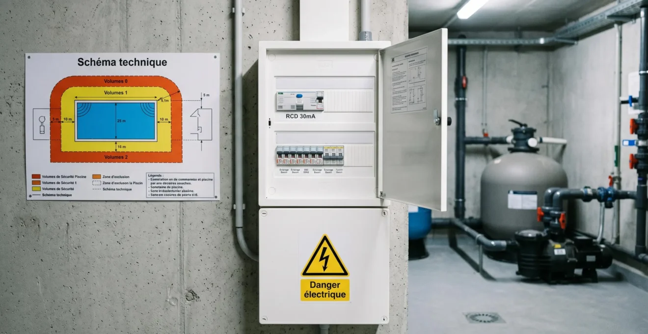 Local technique de piscine avec coffret électrique ouvert montrant un disjoncteur différentiel 30mA et un schéma de sécurité affiché au mur