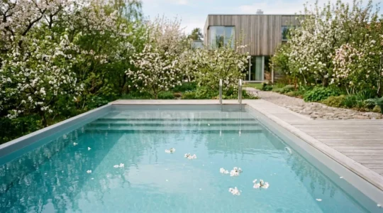Piscine en coque polyester avec eau cristalline au printemps, jardin fleuri en arrière-plan, lumière matinale dorée